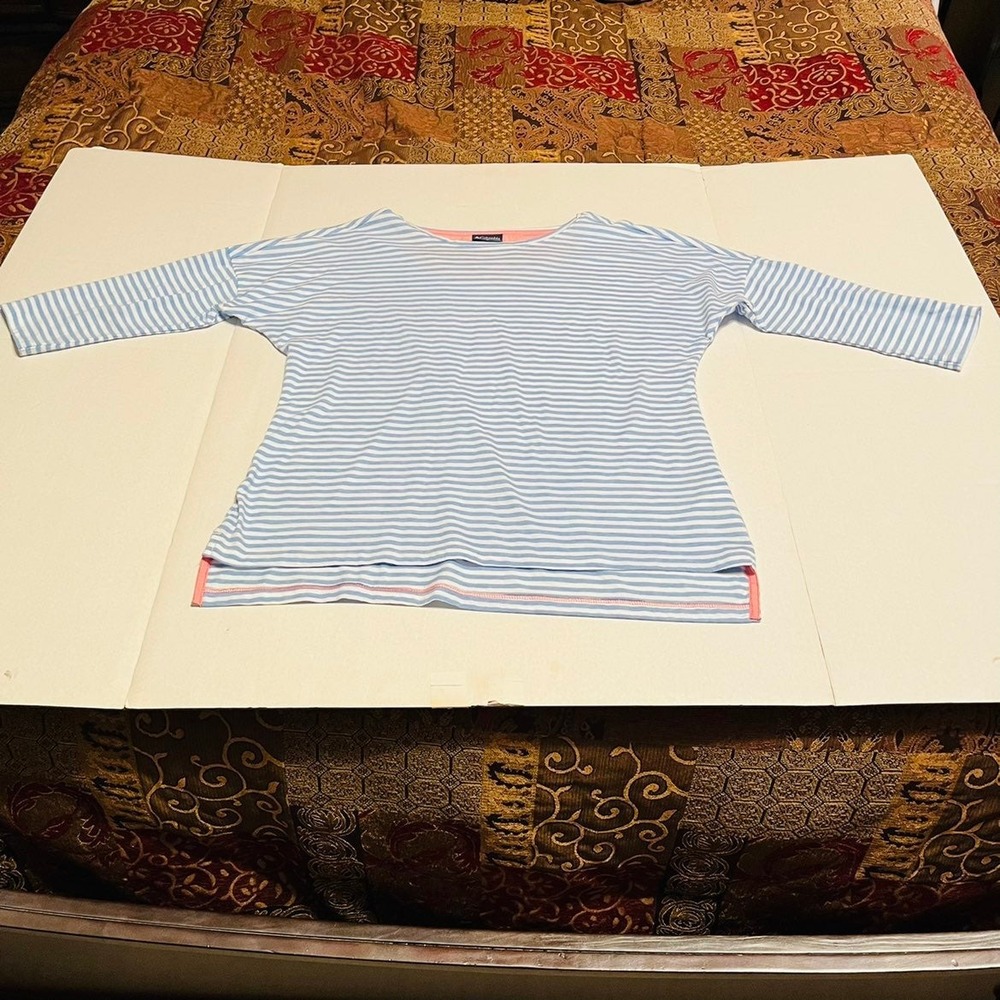 Columbia PFG Blue White Stripe 3/4 Sleeve Women Medium Shirt Top Nautical Summer